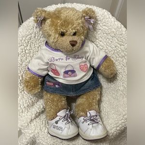 Build a Bear Teddy fully dressed in denim skirt born to shop T & white sketchers